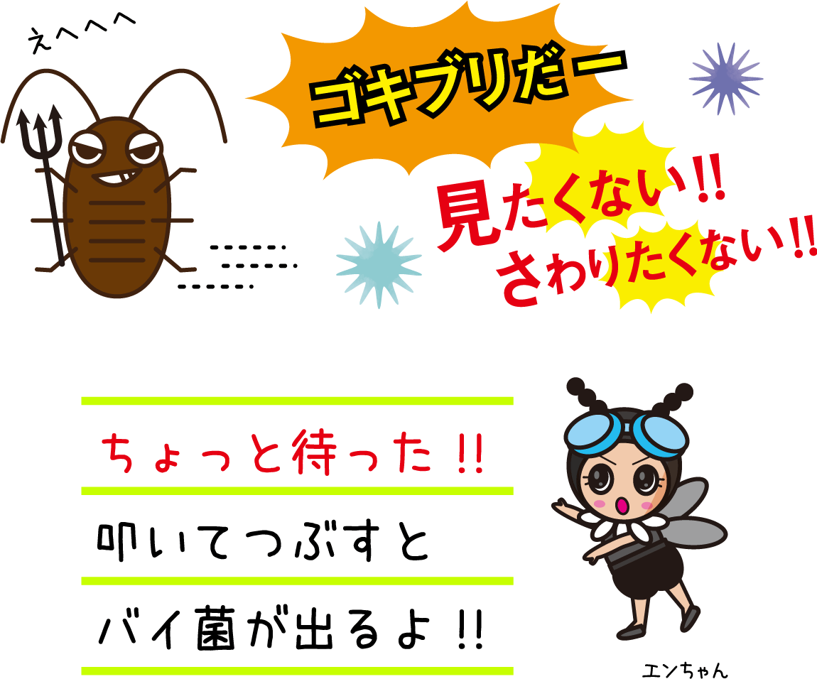 「ゴキブリだー」「見たくない！！さわりたくない！！」ちょっと待った！！叩いてつぶすとバイ菌が出るよ！！